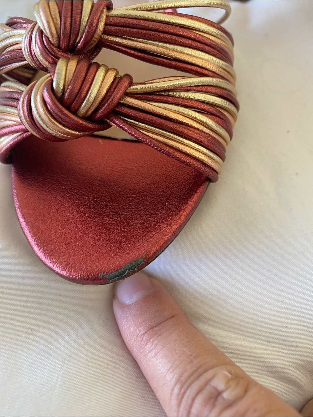 Veronica Beard Metallic Red & Gold Knotted Strap Heels - Picture 4 of 13